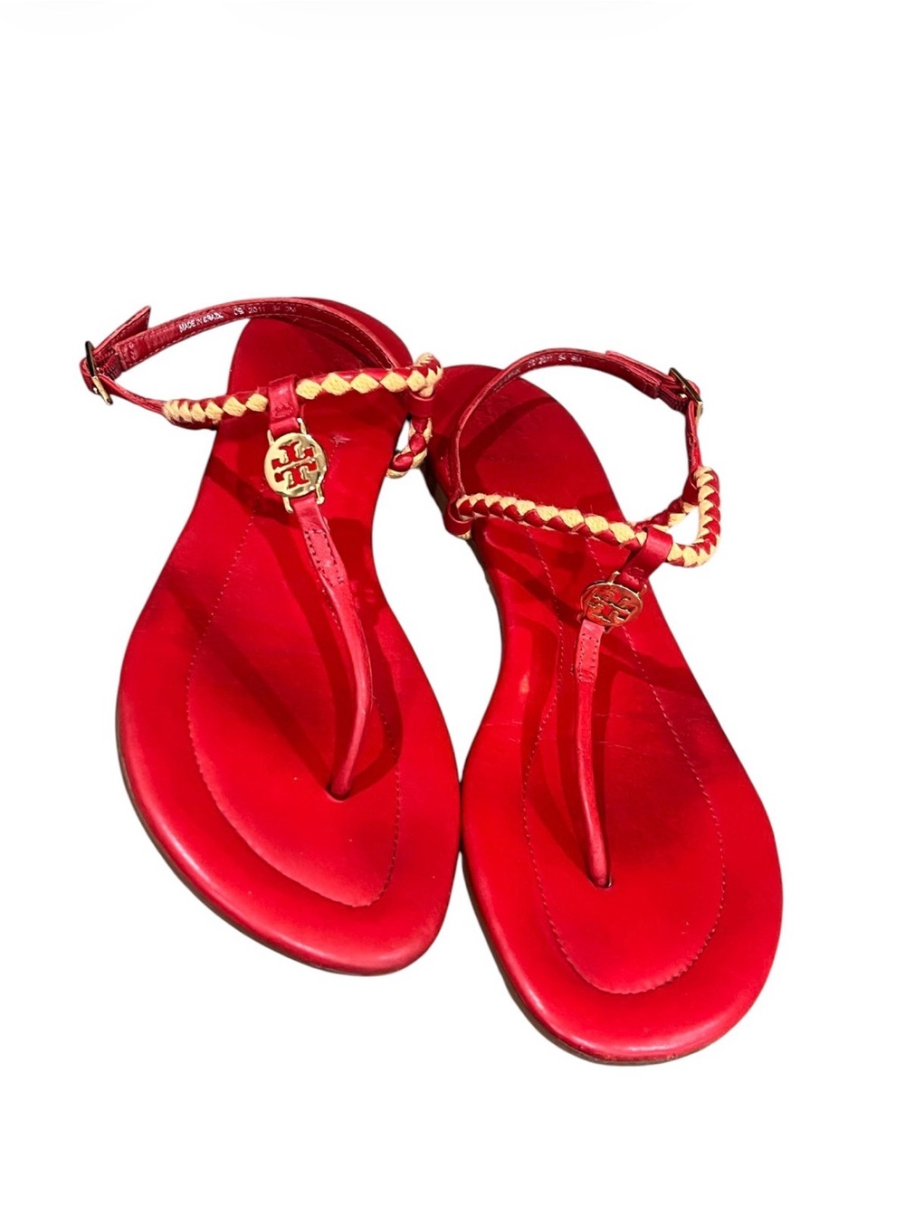Tory Burch Red Braided Ankle-Strap Sandals with Gold Logo size 9 M